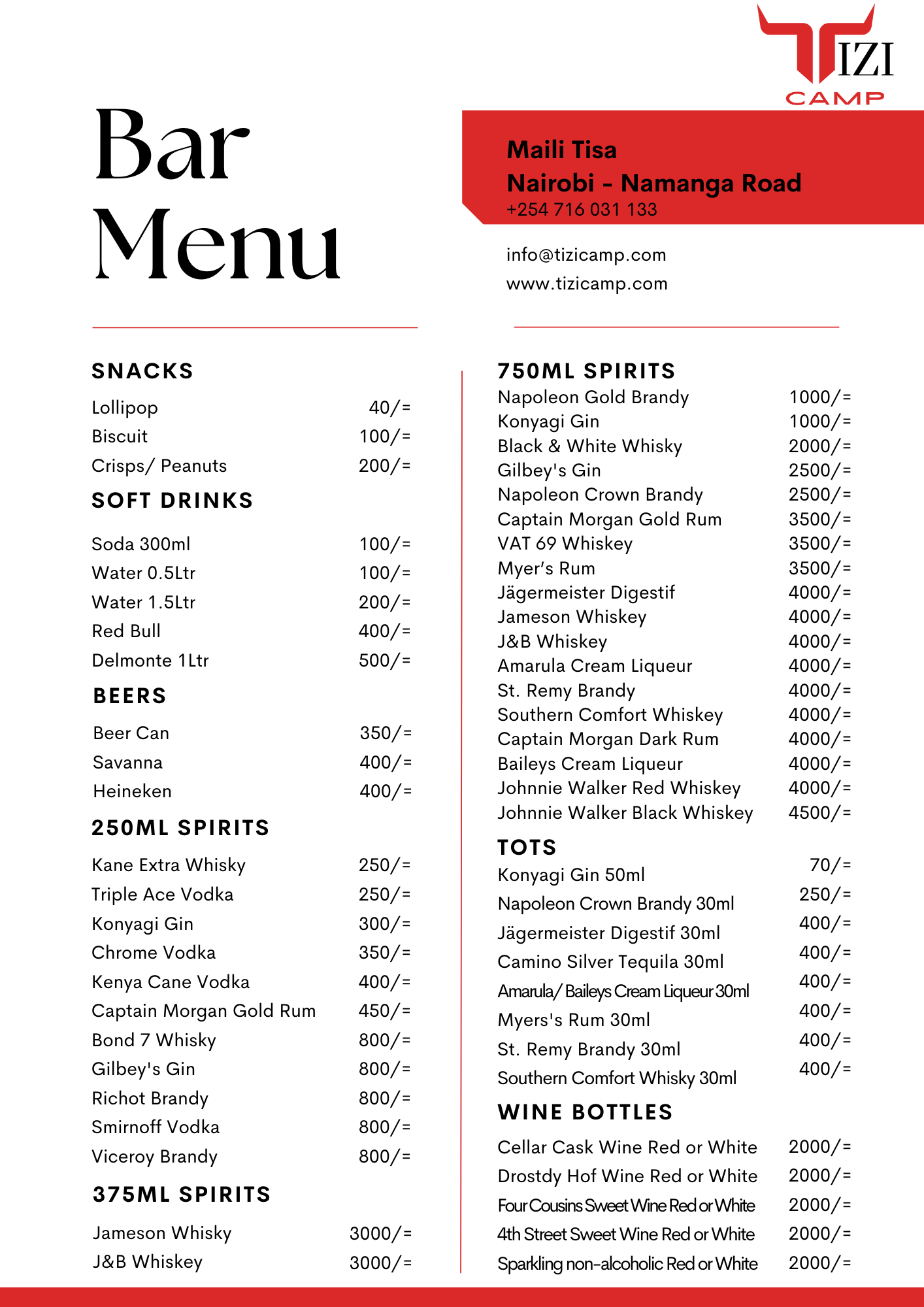 bar menu